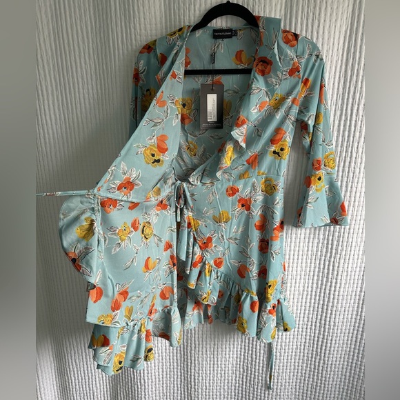 NWT Turquoise Floral Printed Frill Wrap Tea Dress - Picture 9 of 13